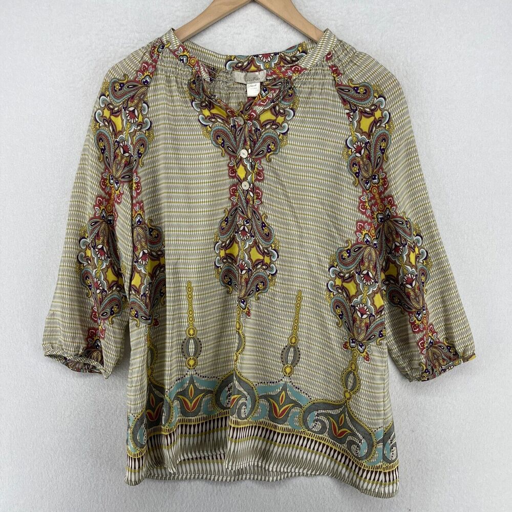 TRINITY Top Womens S 100% Silk Tunic Floral Paisley 3/4 Sleeve Popover Beige